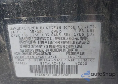 2017 Nissan Versa 1.6 S+ from USA, damaged, VIN 3N1CN7AP3HL887405